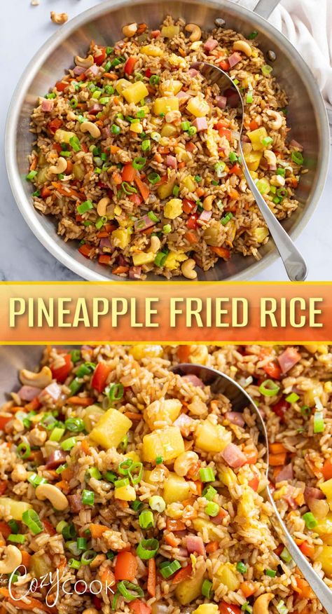 This Pineapple Fried Rice recipe is easy to make with juicy pineapple,  savory ham, vegetables, fluffy scrambled eggs, and crispy rice all tossed in a savory sauce! Pineapple Fried Rice Recipe, Ham Fried Rice, Savory Ham, Rice Side Dish Recipes, Great Dinner Recipes, Fluffy Scrambled Eggs, Chicken Fried Rice Recipe, Pineapple Fried Rice, Healthy Rice