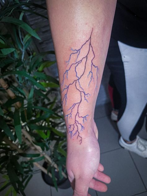 Blue Lightening Tattoo, Blue Lightning Bolt Tattoo, Red And Black Lightning Tattoo, Black Blue Tattoo, Red And Blue Ink Tattoo, Black Purple Tattoo, White Tattoo Lightning, Purple Lightning Tattoo, Blue Tattoo Men