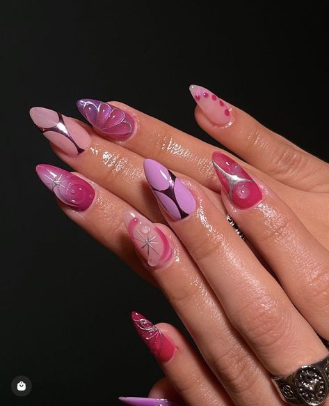 Funky Nails Pink, Purple Pink Nails Designs, Young Miko Nails, Funky Pink Nails, Blob Nails, Almond Gel Nails, Kutek Disney, Unghie Sfumate, Girly Acrylic