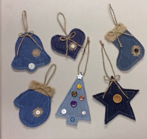 Denim Ornaments  I made these with leftovers from other projects. You will need: denim, batting, buttons, jute, & burlap. Denim Ornaments, Denim Christmas, Blue Jeans Crafts, Jean Crafts, Denim Crafts, Christmas Ornament Crafts, Christmas Sewing, Noel Christmas, Handmade Christmas Ornaments