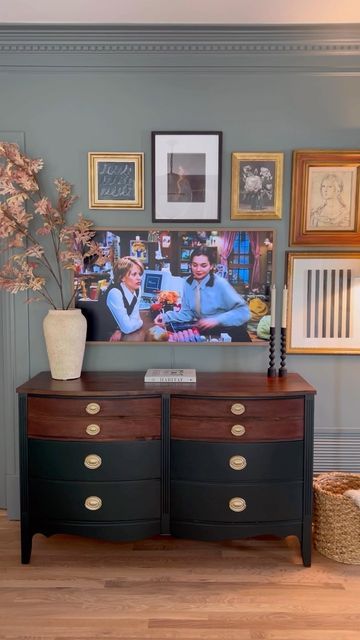 Erin Conway on Instagram: "New to me TV console/dresser. Obsessed. Also kids today will never get the frustration and excitement of that dial up life. #youvegotmail #gallerywall" Tv Over Dresser In Living Room, Tv Mounted Over Dresser, Tv On Dresser In Living Room, Frame Tv Over Dresser, Dresser Below Tv, Vintage Tv Stand Ideas, Erin Conway, Vintage Tv Stand, Console Dresser