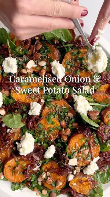 Baked Onion Recipes, Sweet Potatoe Rounds With Goat Cheese And Cranberries, Sweet Potatoe Salad, Sweet Potato Red Onion, Spinach Salads, Caramelised Onion Recipe, Sweet Potato Feta Salad, Sweet Potato Rounds With Goat Cheese And Cranberries, Sweet Potato With Goat Cheese Recipes