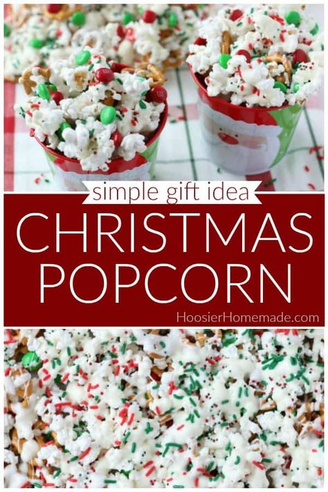 Christmas Popcorn | Put this Christmas treat together in minutes! Enjoy it during the holidays, give as a gift, add to your Christmas cookie exchange or leave out for Santa to enjoy! #christmaspopcorn #christmastreat #homemadegiftidea #giftsfromthekitchen Christmas Popcorn Recipes, Popcorn Ideas, Christmas Snack Mix, Holiday Popcorn, Christmas Popcorn, Easy Holiday Treats, Peppermint Fudge, Popcorn Treats, Xmas Treats