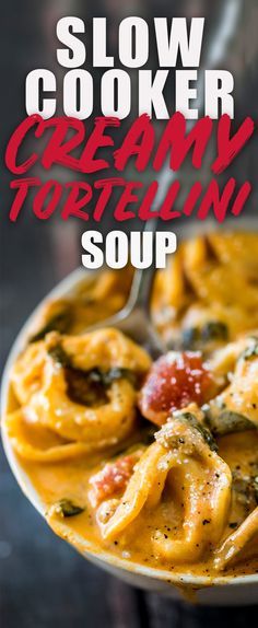 Creamy Slow Cooker Tortellini Soup is a comforting soup that takes just a few minutes prep time, 7 ingredients, and basically makes itself. #tortellini #slowcooker #crockpot #soup  via @heatherlikesfood Crockpot Tortellini Recipes, Tortellini Soup Slow Cooker, Healthy Tortellini, Crockpot Tortellini Soup, Slow Cooker Tortellini, Tortellini Soup Crockpot, Recipes Tortellini, Crockpot Tortellini, Soup Tortellini