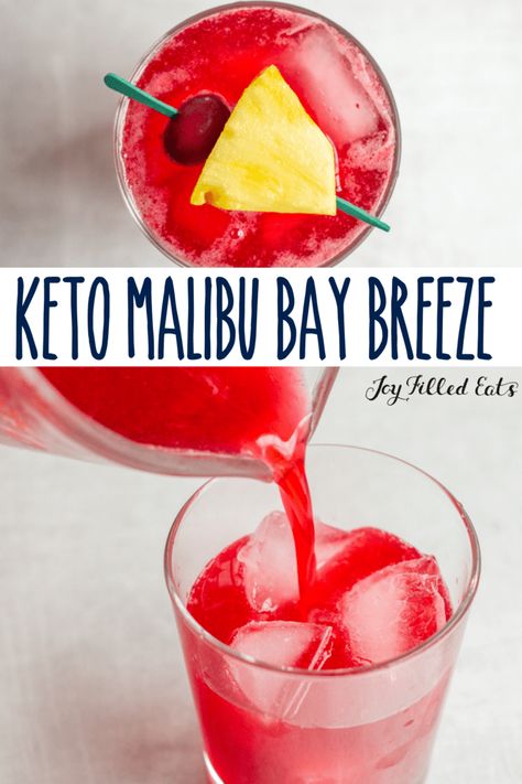 Malibu Bay Breeze will give you a refreshing burst of flavor. Made with fresh cranberries, coconut extract, pineapple extract, and rum. It's like a tropical island in one easy drink! It's keto, low-carb, sugar-free, gluten-free, grain-free, dairy-free, and THM friendly! Sugar Free Alcoholic Drinks, Low Sugar Alcoholic Drinks, Sugar Free Alcohol, Low Carb Alcoholic Drinks, Malibu Bay Breeze, Malibu Rum Drinks, Coconut Rum Drinks, Sugar Free Cocktails, Rum Drinks Recipes