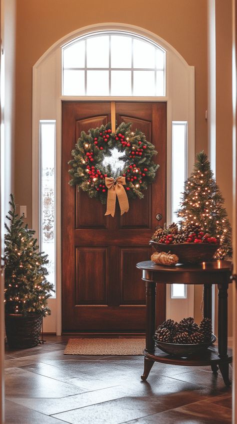 A festive entryway decorated for Christmas with a large, lush wreath hanging on the front door. The wreath is adorned with red berries, pinecones, and a simple burlap bow. Nearby, a small table holds a bowl of pinecones and greenery, with fairy lights softly illuminating the space, creating a warm and welcoming holiday feel. Main Door Christmas Decor, Wreath Inside House, Christmas Decor Ideas For Entry Table, Christmas Decor Ideas For Small Spaces, Christmas Entryway Table, Christmas Entryway Table Decor, Organized Christmas Decorations, Wreath Inside, Christmas Entryway