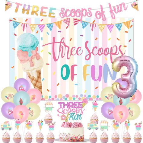 PRICES MAY VARY. Package Includes: You will receive 1 x three scoops of fun backdrop, 1 x three scoops of fun cake topper, 1 x three scoops of fun banner, 12 x ice cream theme cupcake toppers, 1x number 3 foil balloon(No Helium Supported), 16 x latex balloons(12 inches), which can meet all your demands for girl ice cream 3rd birthday party decoration Unique Design: The ice cream 3rd birthday decorations are printed with cute ice cream patterns and ice cream truck, which is popular with 3 years o Three Is So Sweet Birthday Party, Ice Cream Party 3rd Birthday, Ice Cream Theme 3rd Birthday Party, 3 Birthday Party Theme, Birthday Themes For 3 Year Girl, 3 Rd Birthday Party Ideas Girl Theme, Its Cool To Be Three Party, Three Scoops Of Fun Birthday Party Ideas, Three Scoops Of Fun Birthday Party Decorations