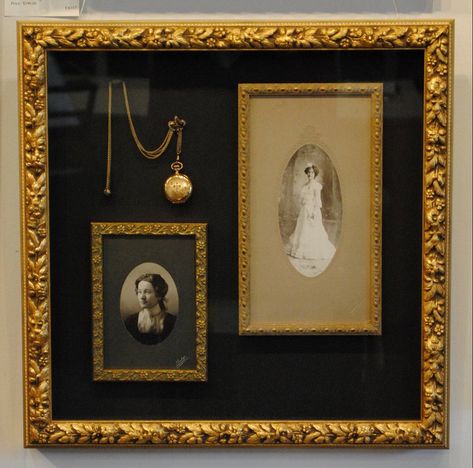 Frame In A Frame, Antique Photo Display, Shadow Box Gallery Wall, Pocket Watch Display Ideas, Framing Memorabilia, Memorabilia Wall, Family Heirloom Display, Shadow Box Memory, Shadow Box Ideas