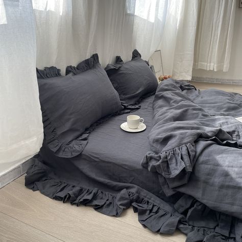 Ruffle Bed Set, Gray Ruffled Bedding, Linen Ruffle Bedding, Black Frilly Bedding, White Ruffled Duvet Cover, Ruffle Duvet Cover, Striped Bedding, Full Duvet Cover, Shabby Chic Bedding