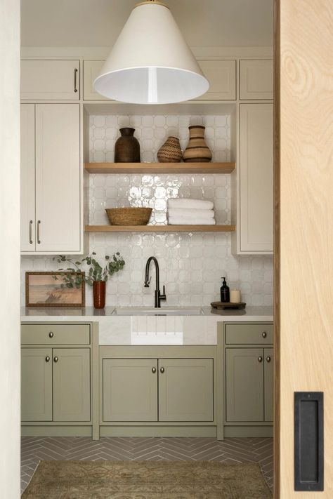 Cabinet Hardware 101 - Studio McGee Green Lower Cabinets, Mcgee And Co Kitchen, Gray Herringbone Floor, Herringbone Floor Tiles, Green Pantry, Mcgee Kitchen, Studio Mcgee Kitchen, White Upper Cabinets, The Mcgee Home