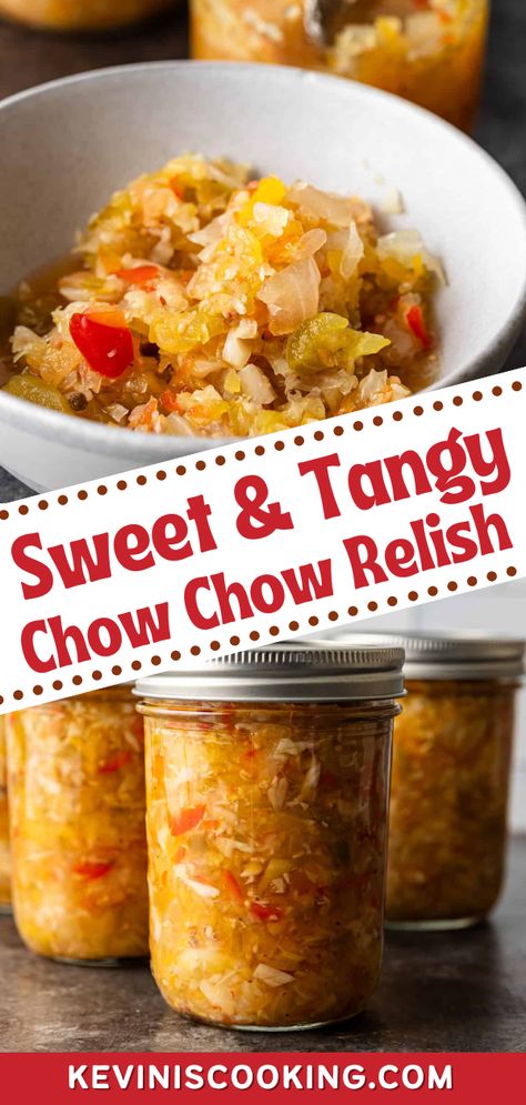 Sweet & Tangy Chow Chow Relish is a classic condiment that is loaded with fresh garden vegetables. A gift from the American Southeast, this tasty relish is perfect for adding a major dose of flavor to any of your favorite dishes. This Chow Chow relish recipe is simple to make, ridiculously flavorful, and a brilliant way to harness the bounty of harvest season. Corn Chow Chow Recipe, Vegetable Relish Recipes, Sweet Chow Chow Recipe, Carrot Relish Recipe, Canning Relish, Pickled Relish Recipe, Cabbage Relish Recipes, Homemade Chow Chow Recipe, Garden Relish Recipe