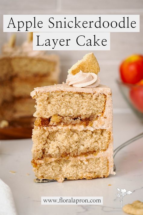 A slice of three-layer cinnamon cake with apple filling. Apple Cake From Box Cake, Apple Layer Cake Recipe, Apple Cake Filling, Snickerdoodle Apple Cake, Apple Cinnamon Spice Cake, Single Layer Apple Cake, Fresh Apple Layer Cake Recipe, Apple Cake With Box Cake, Thanksgiving Cake Recipes