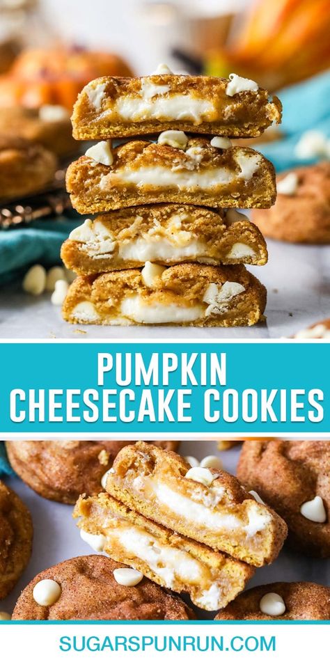 Pumpkin Cheesecake Cookies - Sugar Spun Run Roasted Pumpkin Recipes, Pumpkin Foods, Pumpkin Cheesecake Cookies, Chewy Sugar Cookie Recipe, Sugar Spun Run, Joy Cookies, Cinnamon Roll Cheesecake, Savory Pumpkin Recipes, Amazing Cookies