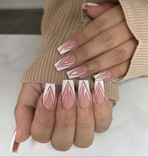 Double V Nail Design, Gel Nails Natural Color French Tips, Triangle Tip Nails Coffin, Triangle Design Nails, V French Tip Nails With Design, V Tip Nail Designs, French V Nail Designs, V Nail Design Coffin, French Nails Ideas Coffin