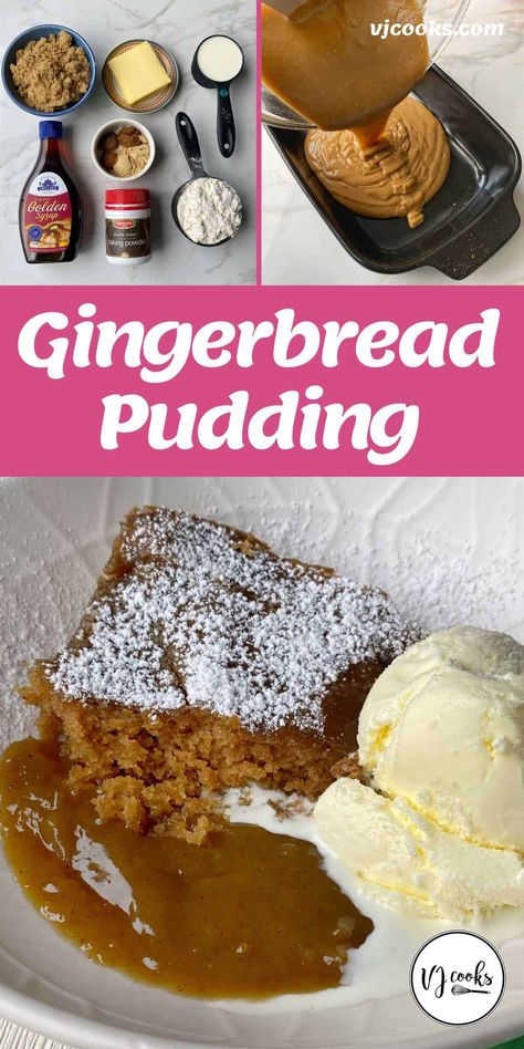 A delicious homemade gingerbread pudding with a self-saucing gooey caramel sauce. This tasty dessert is comfort food at its best and the perfect treat to make on a cosy night in. Made with pantry staples, you won't believe how easy this recipe is to make. #vjcooks #pudding #dessert #gingerbread #gingerbreadpudding #puddingandicecream Gingerbread Pudding, Pudding Recipes Homemade, Hot Puddings, Self Saucing Pudding, Hot Desserts, Homemade Gingerbread, Homemade Pudding, Pudding Dessert, Gooey Caramel