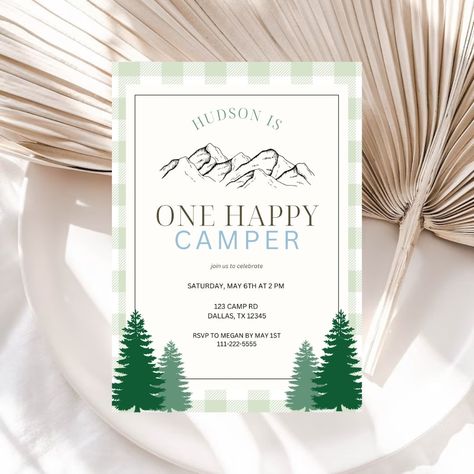 One Happy Camper Birthday, Camping Birthday Invitations, Nature Party, Themed 1st Birthday, Camping Birthday Party, Nephew Birthday, 1st Birthday Party Themes, One Happy Camper, Green Checkered