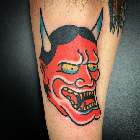 Tattoos by Derik Snell on Instagram: “Jake grabbed one off my flash. Thanks man. Good to see you!” Hanya Mask Tattoo, Hannya Mask Tattoo, Japanese Stuff, Henna Body Art, Mask Tattoo, Female Tattoo Artists, Fox Tattoo, Classic Tattoo, American Traditional Tattoo