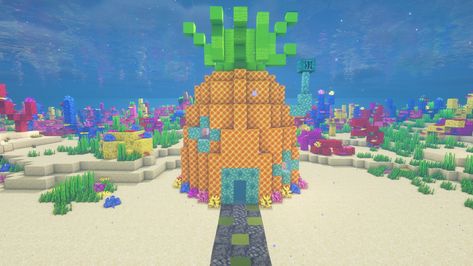 Mincraft Idea Disney, Minecraft Trippy Builds, Disney Things To Build In Minecraft, Minecraft Pineapple House, Trippy Minecraft Houses, Minecraft Spiderman Build, Minecraft Melon House, Sponge Bob Minecraft, Minecraft Building Ideas Disney