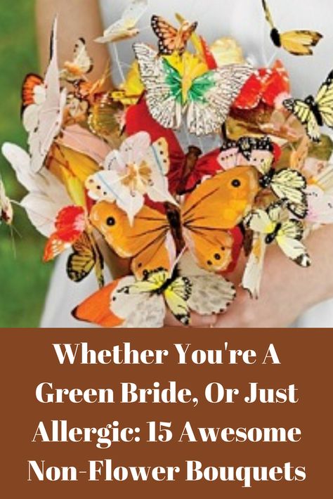 Whether You're A Green Bride, Or Just Allergic: 15 Awesome Non-Flower Bouquets Click on the slideshow to be inspired by bouquets that we found made with wire, brooches, beads, feathers, berries and more. Non Flower Bouquets, Alternative Wedding Bouquet, Man Bouquet, Non Traditional Wedding, Nontraditional Wedding, Flower Bouquets, Alternative Wedding, Flower Bouquet Wedding, Favorite Pins