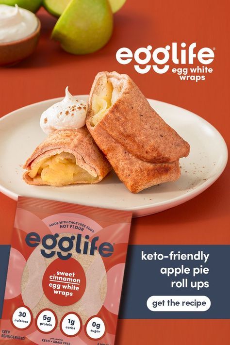 sweet cinnamon egglife® wraps and warm, gooey apples combine for a yummy, protein packed dessert. Low Sugar Apple Pie, Egg White Wraps, Egg Whites Wrap, Bariatric Friendly Recipes, Egg Wrap, Extra Protein, Cinnamon Recipes, Low Calorie Desserts, Cooked Apples