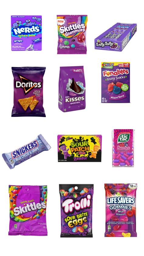 Purple Snacks, Board Snacks, Purple Foods, Zombie Life, Fruity Snacks, Purple Board, Nerds Candy, Laffy Taffy, Candy Drinks