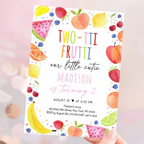 Two-tti Frutti Fruit Second Birthday Invitation Birthday Party Summer, Summer Birthday Invitations, Fruit Birthday Party, Fruit Birthday, Fruit Summer, Fruit Party, 2nd Birthday Invitations, Girl 2nd Birthday, Wedding Tags