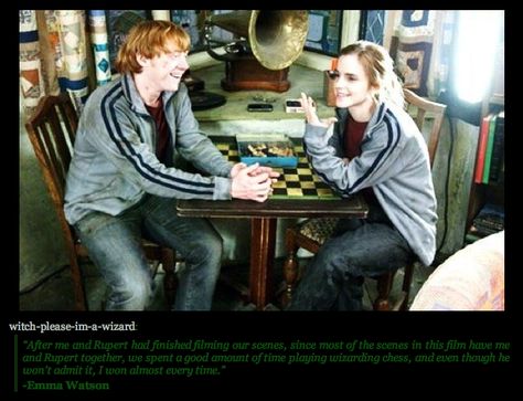 Emma and Rupert behind the scenes playing wizarding chess (ha!) Look at my Hermione and Ron site! Emma And Rupert, Deathly Hallows Part 1, Yer A Wizard Harry, Harry Potter Dr, Ron And Hermione, Hogwarts Dr, Ginny Weasley, Harry Potter Cast, Harry Potter Love