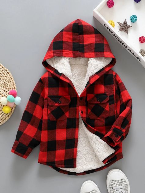 Toddler Boys Gingham Teddy Lined Flap Pocket Hooded Coat | SHEIN USA Boys Coats, Winter Jacket Boys, Toddler Carhartt Coat, Kids Fasion, Kids Coats Boys, Quilted Jacket Men, Toddler Coat, Winter Baby Clothes, Boys And Girls Clothes