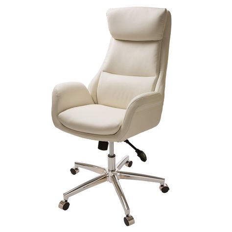 Glitzhome Mid-Century Modern Cream Bonded Leather Gaslift Adjustable Swivel Office Chair Cream Desk, White Office Chair, Adjustable Office Chair, Swivel Chair Desk, High Back Office Chair, White Office, Swivel Office Chair, Executive Office Chairs, Executive Chair