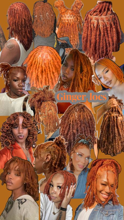 Ginger locs Dyed Locs Styles, Black Ginger Hairstyles, Ginger Locs Hairstyles, Short Locs Dyed, Ginger Dyed Locs, Short Locs Color Ideas, Colored Locs Ideas, Ginger Hair Dreads, Ginger Color Locs