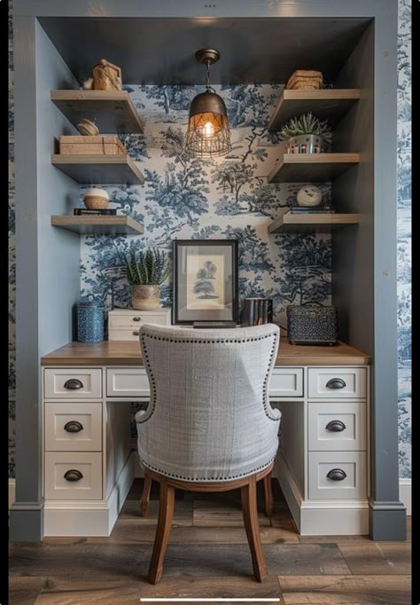 Alcove Home Office, Home Office Ideas Blue, Blue Study Room, Blue Home Offices, Beautiful Office Spaces, Productive Work, Small Space Office, Cozy Home Office, Small Home Offices