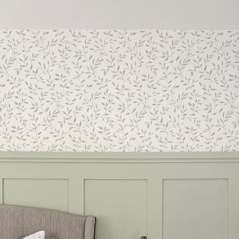 Wallpaper And Panelling, Cwmrhys Cottage, Panelling And Wallpaper, Bed Side Table Decor, Living Room Panelling, Green Leaf Wallpaper, Hallway Wallpaper, Sage Green Wallpaper, Wall Paneling Diy