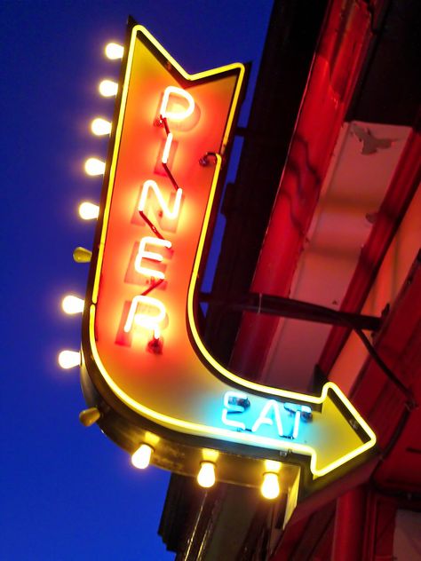 Diner Old Diner Aesthetic, Retro Diner Aesthetic, 1960s Diner, Diner Night, 60s Diner, Neon Diner, Route 66 Party, 50s 60s Aesthetic, Cyberpunk Noir