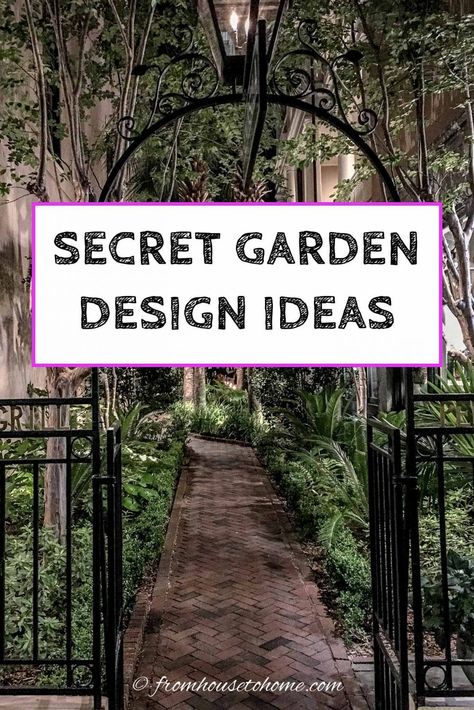 Secret gardens are a beautiful way of garden landscaping that will create your dream garden in your backyard. Find out what you need to include in your garden design (like garden paths and patios) to make your beautiful backyard garden a reality. #fromhousetohome #secretgarden #gardening #gardenideas  #outdoorlivingspace #patiosanddecks Secret Garden Design, Secret Garden Ideas, Magical Backyard, Secret Garden Door, Charleston Gardens, Backyard Garden Layout, Backyard Shade, Backyard Plan, Hidden Garden