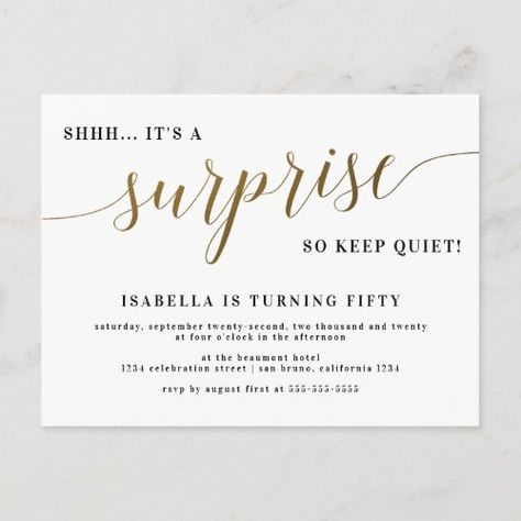 $1.85 | Modern Gold Stylish Script Surprise Birthday Party #modern stylish script, surprise birthday party, elegant modern surprise birthday party, white and gold, black and gold, shh, it's a surprise, surprise birthday invitations, surprise party invitations, surprise invitations Birthday Party Minimalist, Birthday Party Elegant, Sweet 16 Party Invitations, Suprise Birthday, Surprise Party Invitations, Postcard Wedding Invitation, Surprise Birthday Invitations, Surprise Birthday Party, 50th Birthday Invitations