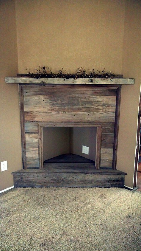 Fake Corner Fireplace Ideas Diy, Corner Fireplace Living Room Farmhouse, Diy Electric Fireplace With Hearth, Faux Corner Fireplace Diy, Barnboard Fireplace, Built In Corner Fireplace, Diy Corner Fireplace With Tv, Diy Gas Fireplace, Diy Corner Fireplace