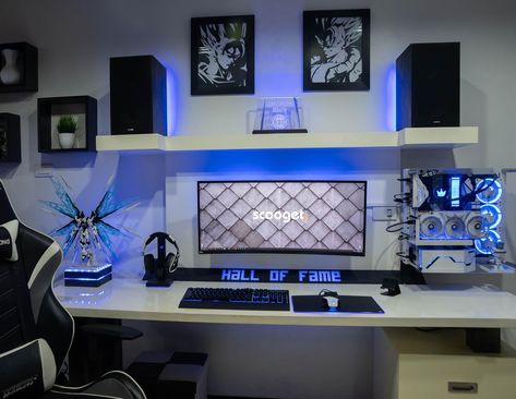 Credit: JCSerafin22 ⬆ Click to explore the products used.  #scooget #homeoffice #workfromhome White Desk Gaming Setup, Black And White Gaming Setup, White Gaming Setup, White Desk Setup, Games Room Inspiration, Gaming Rooms, Gaming Desk Setup, Best Gaming Setup, Gamer Setup