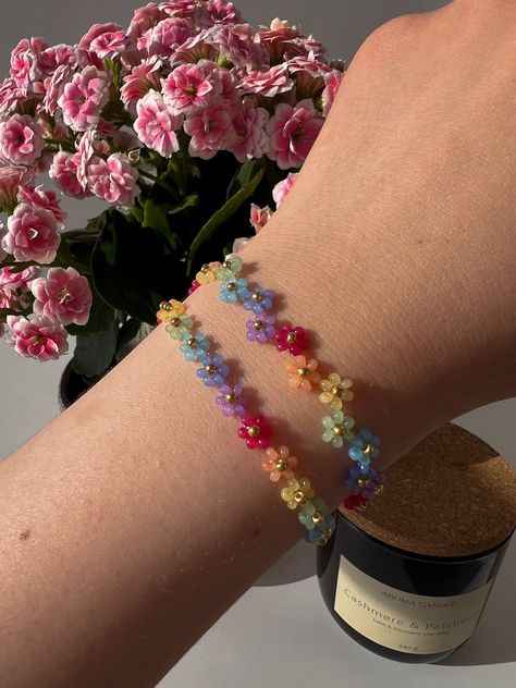 Rainbow Flower Bracelet, Rainbow Bracelet Beads, Rainbow Beaded Bracelet, Rainbow Bead Bracelet, Nylon Bracelet, Cute Bracelet, Japanese Beads, Spring Bracelet, Bracelets Design