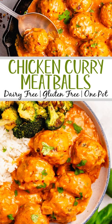 These Whole30 curry chicken meatballs are the perfect weeknight dinner recipe. Made on the stovetop, these gluten free ground chicken meatballs are dairy free, low carb and are done in one skillet. If you're looking for a dinner that is both healthy and delicious while keeping your cleanup to a minimum, give this curry chicken meatball recipe a go! #chickenmeatballs #glutenfreerecipes #dairyfreerecipes #whole30chicken Recipes No Dairy, Whole30 Curry, Chicken Recipes No Dairy, Dairy Free Meatballs, Curry Chicken Meatballs, Ground Chicken Recipes Healthy, Chicken Meatballs Healthy, Ground Chicken Meatballs, Healthy Meatballs