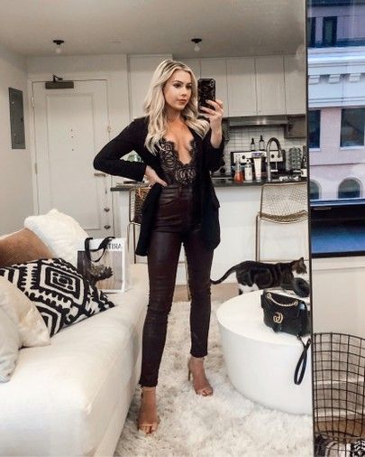 Body Suit Blazer Outfit, Lace Bodysuit Leather Pants, Black Bodysuit With Blazer, Lace Top With Blazer Outfit, Blazer With Lace Bodysuit, Blazer And Lace Bodysuit Outfit, Lacy Bodysuit Outfits, Body Suit And Blazer Outfit, Leather Pants Blazer Outfit