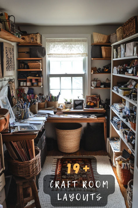 ✂️ Ready To Design Your Perfect Creative Space? These 19 Smart Craft Room Layouts Will Help You Organize Every Supply And Maximize Your Workspace! Click To See How To Transform Your Room Into A Creative Haven 🎨 #CraftRoom #CreativeSpace #RoomLayout #CraftStorage #Organization #DIYSpace #StudioDesign Tiny Craft Room Organization, Home Office And Art Studio Combo, Vintage Style Craft Room, Mini Art Studio Ideas, Printmaking Studio Organization, Small Art Spaces At Home, Art Room Shelves, Boho Craft Room Decor, Maximalist Craft Room