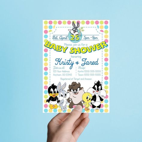 Baby Looney Tunes Baby Shower Invitation FREE Insert Books | Etsy Looney Tunes Party, Baby Shower Party Themes, Baby Picture Frames, Baby Looney Tunes, Invitations Ideas, Gender Neutral Baby Shower Invitations, Bunny Baby Shower, Books For Baby, Baby Shower Invitations For Boys