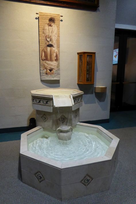 St. Mary, Cause of Our Joy Catholic Church, Westland MI.  The baptismal font is located at the back of the church. Sierra Simone, Baptismal Font, Church Furniture, Religious Architecture, Spiritual Cleansing, Palm Sunday, Holy Water, Church Decor, St Mary