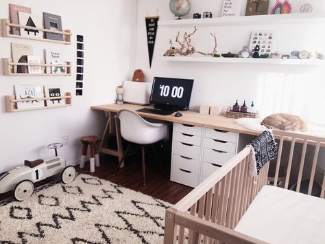 Playroom And Office Combo Small Spaces, Baby Room And Office Combo, Office And Nursery Combo, Office Nursery Combo, Nursery Office Combo, Two Desks, Tan Living Room, Nursery Guest Room, Small Bedroom Inspiration