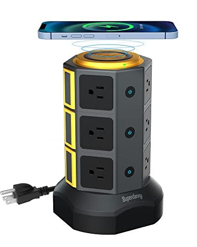 Power Strip Tower, SUPERDANNY Surge Protector Tower with 15W Magnetic Wireless Charger, 1050J, 13A Charging Station with 12 AC Outlets & 6 USB Ports, 6.5ft Extension Cord for Home Office, Gold Electric Plug, Amazon Electronics, Outlet Extender, Power Tower, Tv Led, Surge Protector, Wireless Charging Pad, Extension Cord, Power Outlet