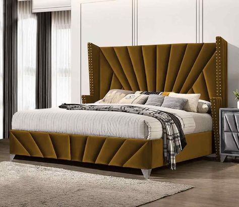 Velvet King Size Bed, Metal Bed Base, Art Deco Bed, Velvet Bed Frame, Winged Headboard, Small Double Bed, Opulent Interiors, Luxury Mattresses, Super King Size Bed