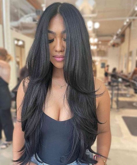 Layers Long Black Hair, Long Hair V Cut With Layers, Dark Brown Long Hair With Layers, Layer Haircut For Long Hair Round Face, Black Long Layered Hair, Long Black Haircut, Waist Length Hair With Layers, Dark Hair Long Layers, Contour Haircut