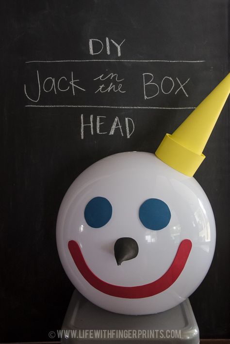 DIY Jack-in-the-Box Costume - learn how to make the Jack head Jack In The Box Costume Diy, Jack In The Box Costume, Jack In The Box Halloween, Wreck It Ralph Halloween, Letter J Crafts, Boxing Halloween Costume, Epic Halloween Costumes, Box Head, J Craft