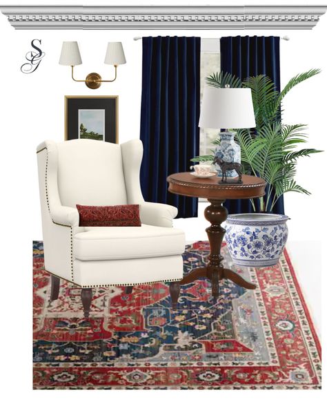 Decorating like Ralph Lauren: On a Budget A #ralphlauren inspired living room /seating area! In love with that carpet! #livingroom #traditional #traditionalhomedecor #sidetable #homedecor #preppystyle #chinoiserie #preppystyle #wingbackchair #blueandredrug #ralphlauren #wallsconces #chinoiserieplanter #lookforless #preppystyle #grandmillenial #den #livingroomdesign#livingroomdecor #navy #liketkit #LTKFind #LTKsalealert #LTKhome Ralph Lauren Home Style Interior Design, Ralph Lauren Inspired Interiors, Ralph Lauren Office Decor, Transitional Colonial Living Room, Ralph Lauren Home Kitchen, Navy Blue And Burgundy Living Room, Ralph Lauren Style Living Room, Ralph Lauren Entryway, Ralph Lauren Inspired Living Rooms