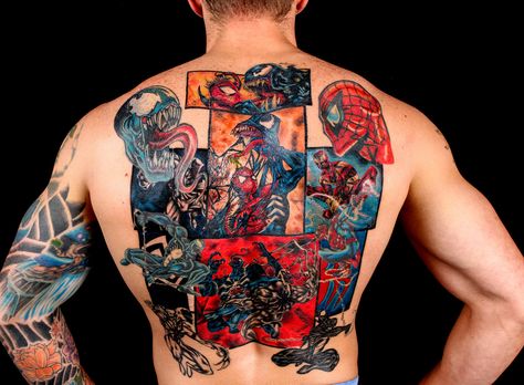 ... Venom Tattoo, Comic Book Tattoo, Spiderman Tattoo, Backpiece Tattoo, Cool Back Tattoos, Tato Minimal, Comic Tattoo, Marvel Tattoos, Full Back Tattoos